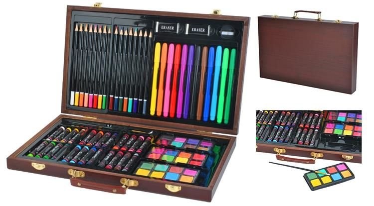 Trusa desen si pictura 81 elemente, carioci, creioane, acuarele, valiza din lemn - imagine 19
